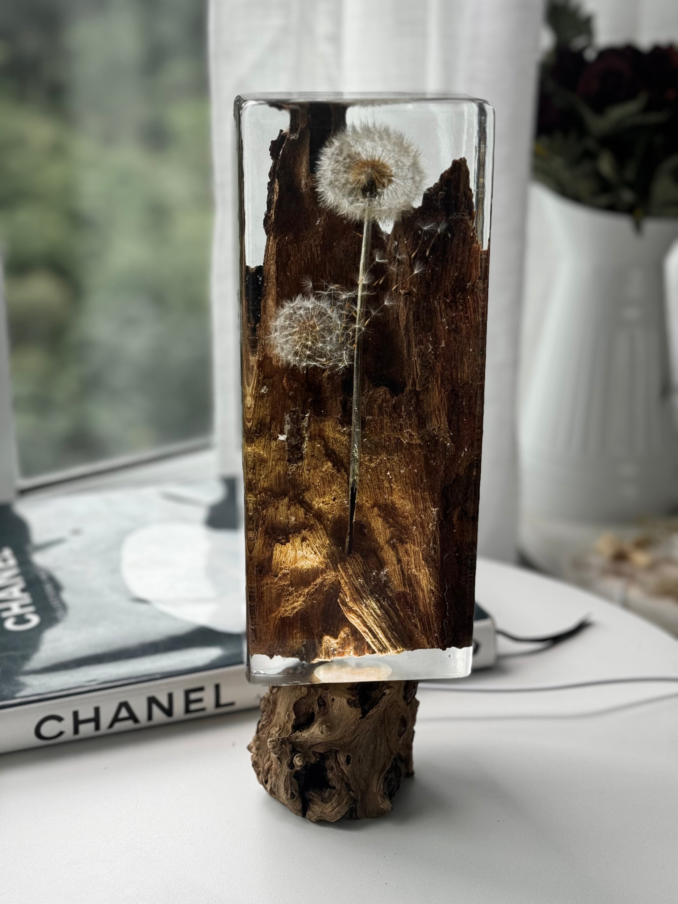 Dandelion Resin Lamp with Natural Wood - Ready to Ship