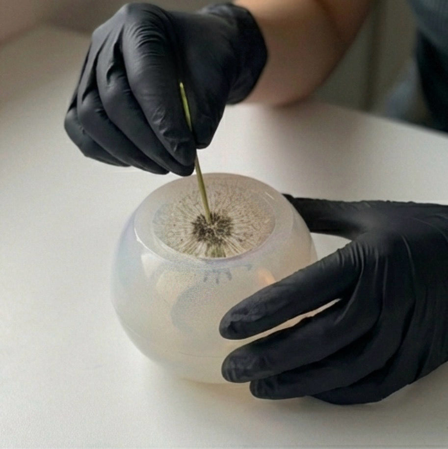 Dandelion carefully positioned in crystal-clear resin
