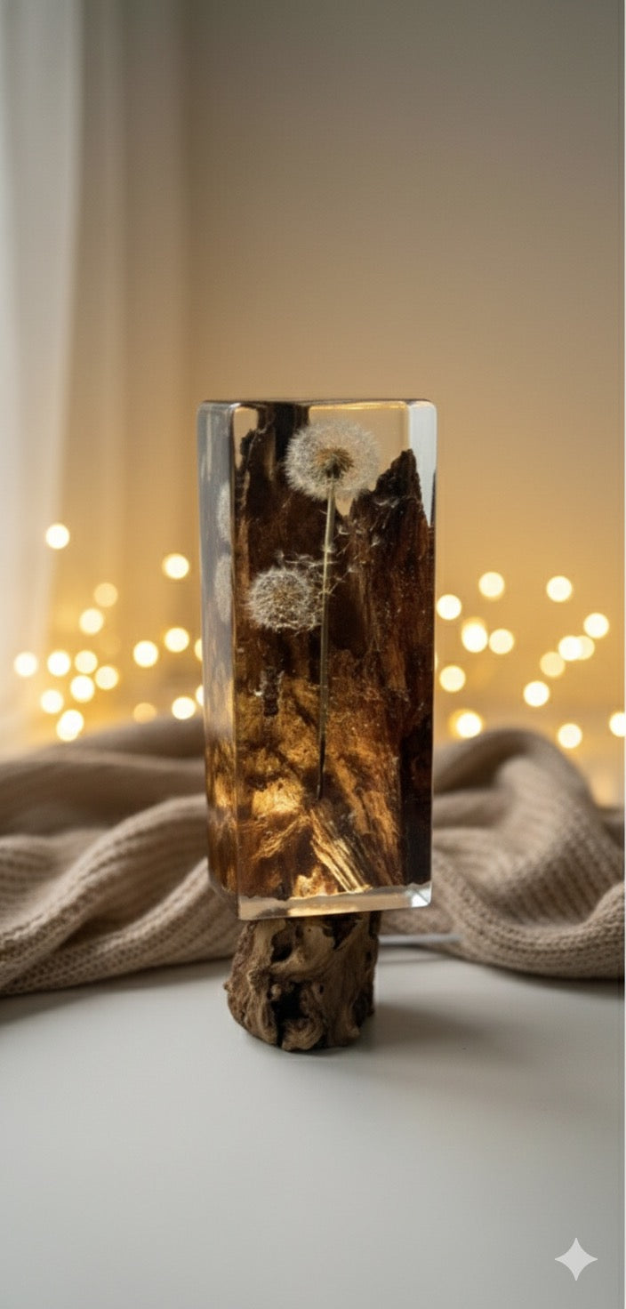 Dandelion Resin Lamp with Natural Wood - Ready to Ship