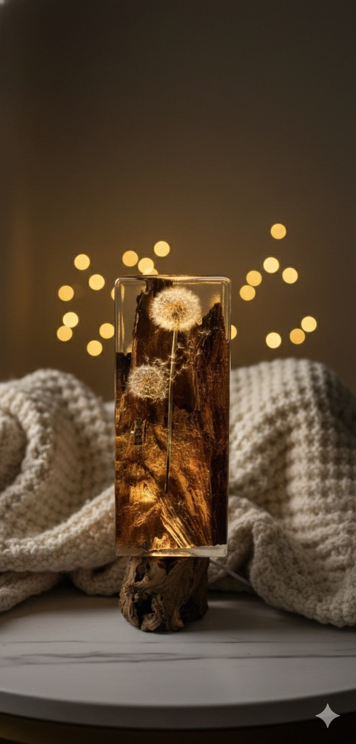 Dandelion Resin Lamp with Natural Wood - Ready to Ship