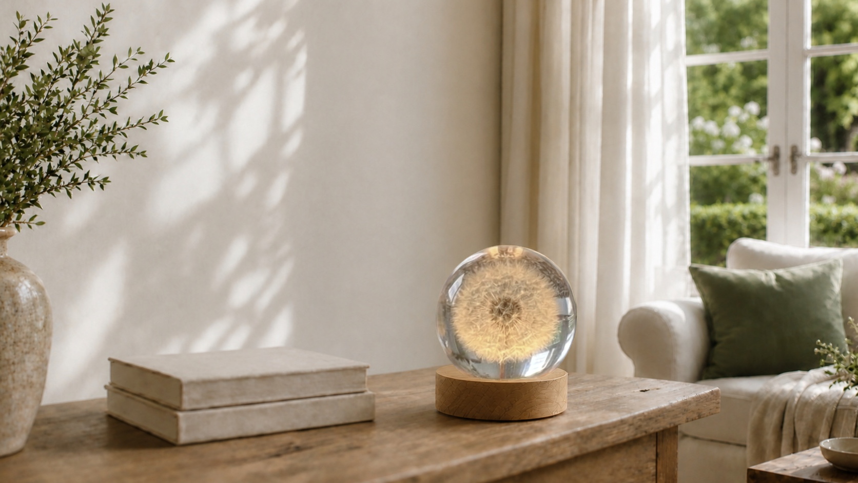 A glowing preserved dandelion lamp in a light-filled cottage living room