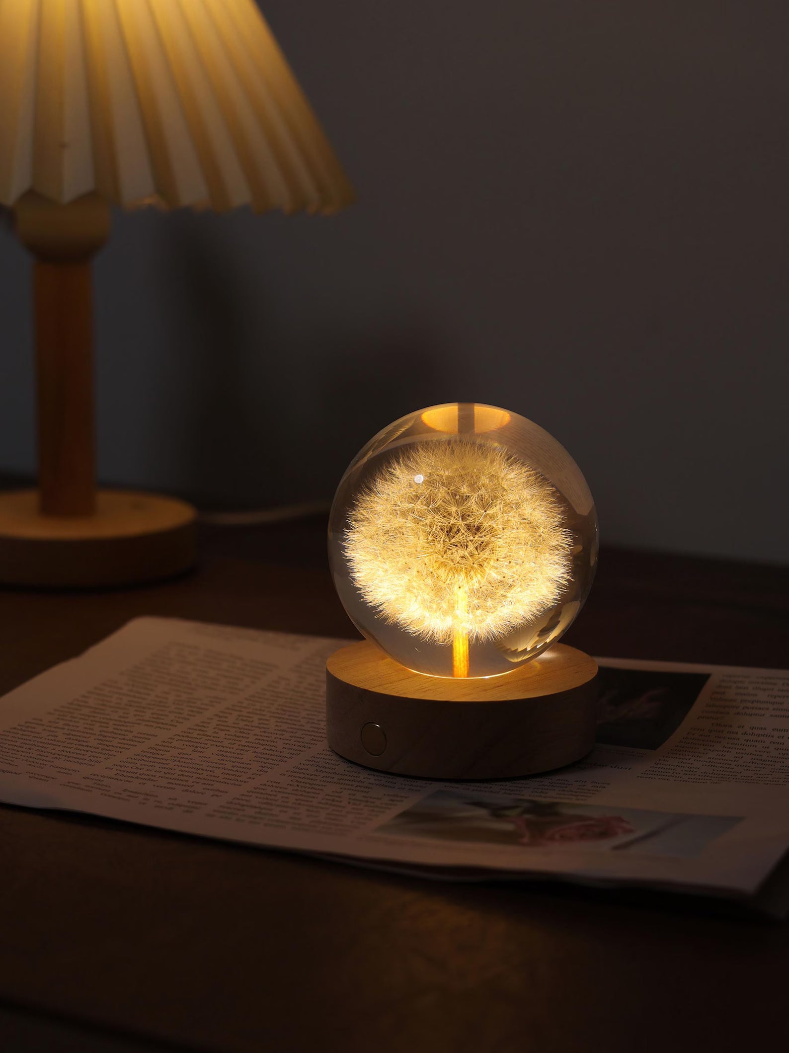 Dandelion sphere on its wireless illuminated base